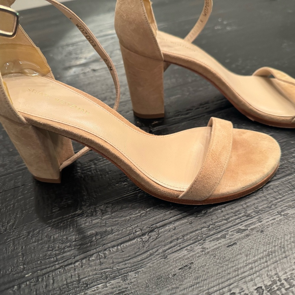 Stuart Weitzman Nearly Nude Tan Heeled Sandals with Block Heel